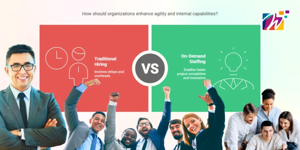 Comparison infographic illustrating Traditional Hiring vs. On-Demand Staffing, highlighting differences in cost, flexibility, and time-to-hire
