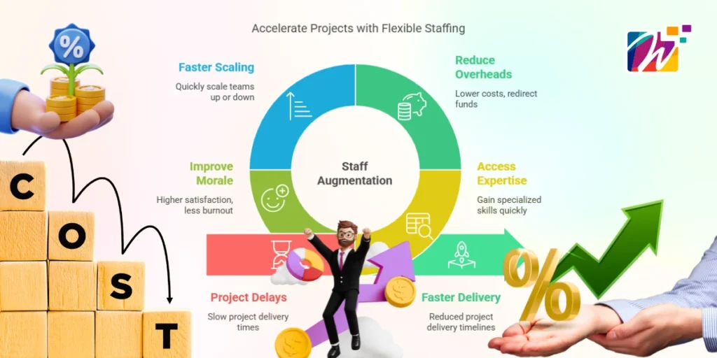 Infographic with a circular chart showing how staff augmentation accelerates projects, emphasizing faster timelines and resource scalability.